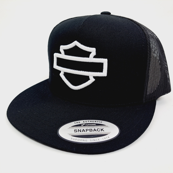 Harley Bar & Shield Flat Bill Snapback Baseball Cap Hat Black Embroidered - Picture 2 of 4